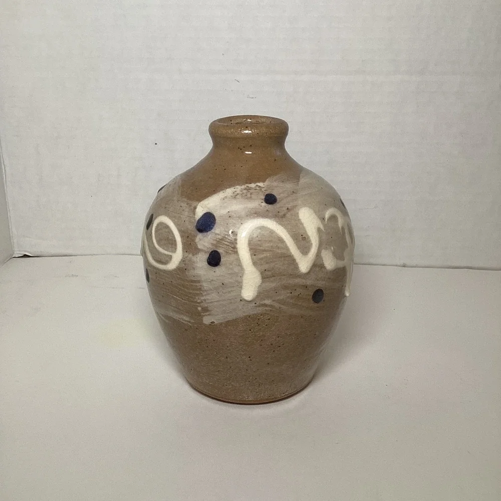Handmade Studio Pottery Bud Vase Tan Stoneware Blue Polka Dot Signed 5